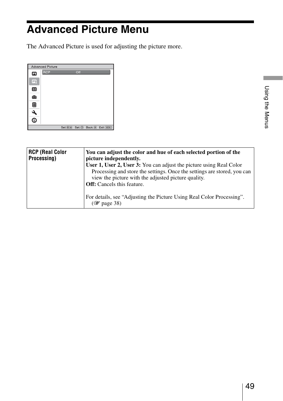 Advanced picture menu | Sony VPL-VW85 User Manual | Page 49 / 86