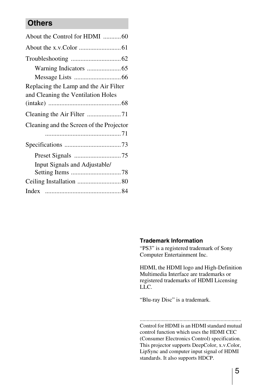 Others | Sony VPL-VW85 User Manual | Page 5 / 86