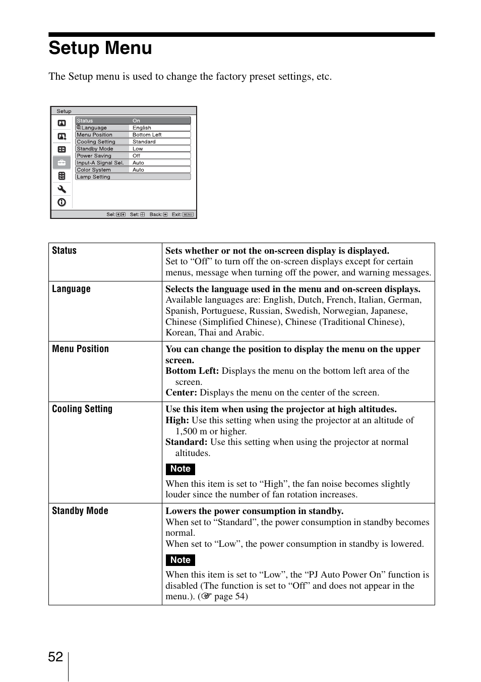 Setup menu | Sony VPL-VW85 User Manual | Page 52 / 86