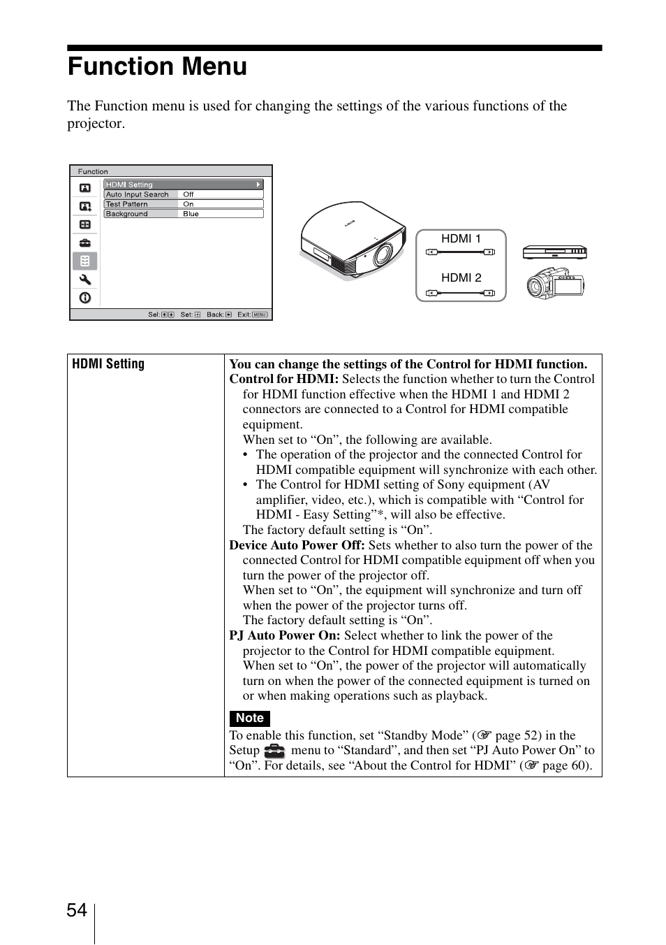 Function menu | Sony VPL-VW85 User Manual | Page 54 / 86