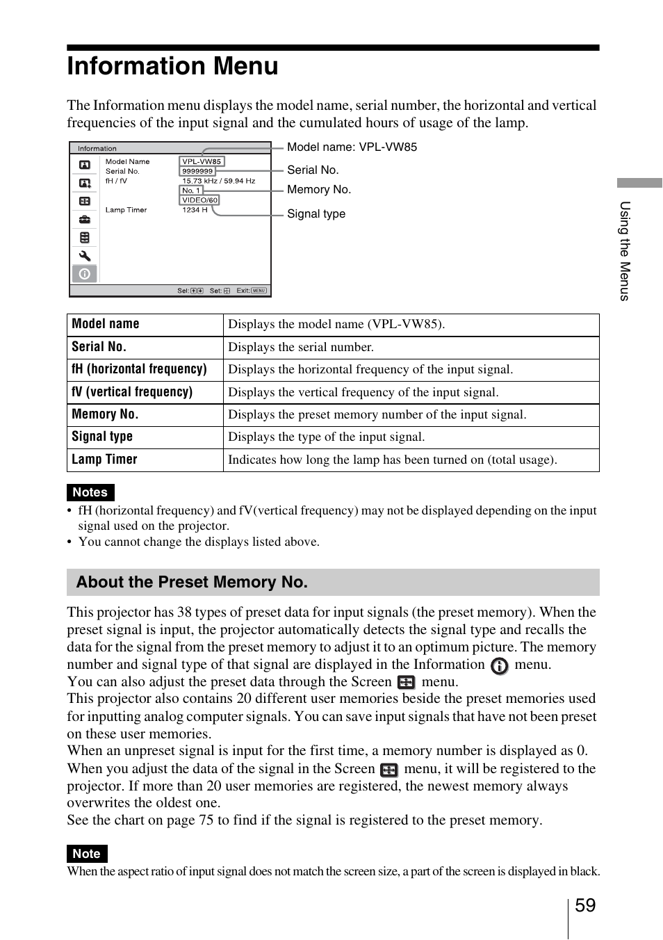 Information menu, About the preset memory no | Sony VPL-VW85 User Manual | Page 59 / 86