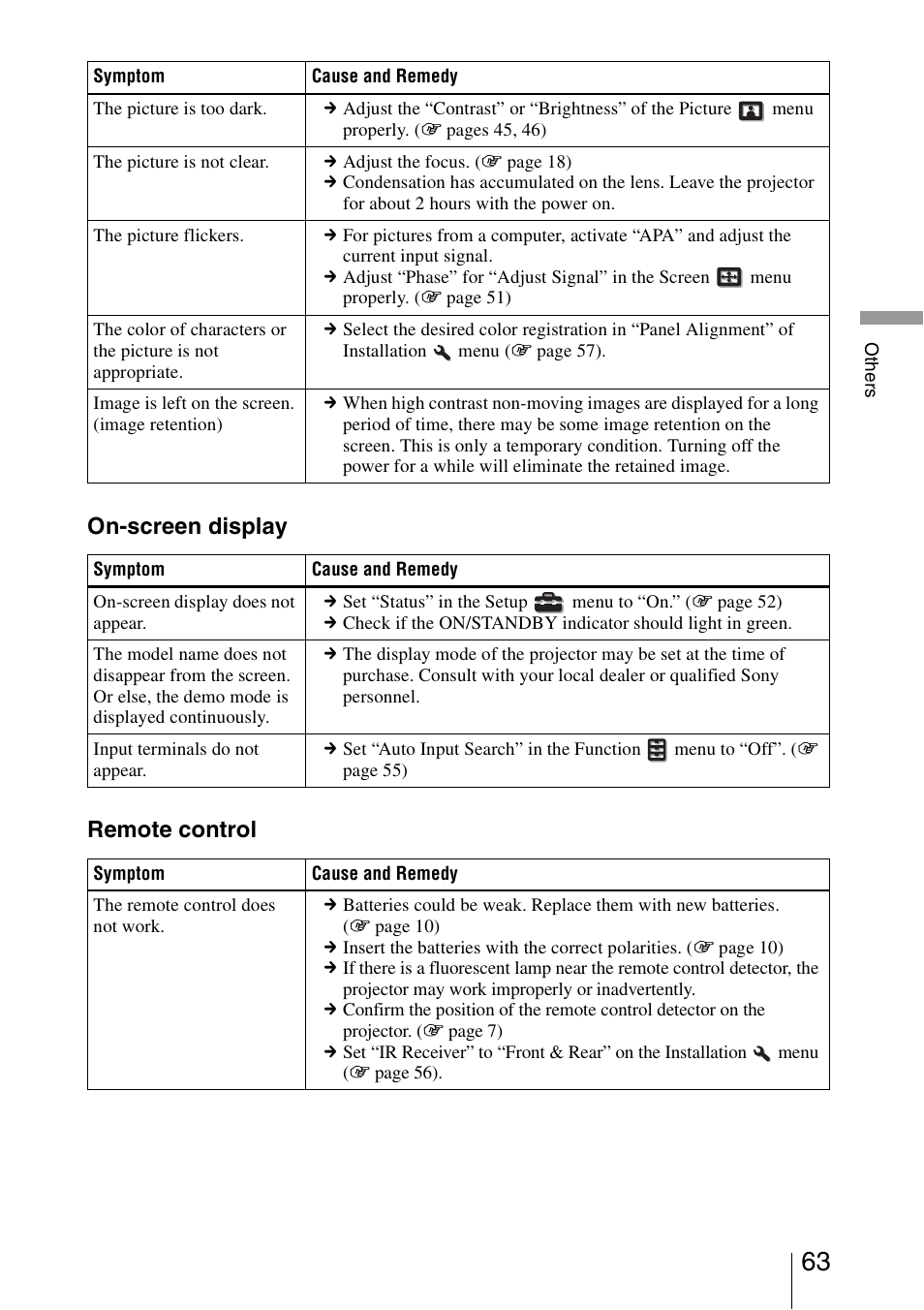 On-screen display remote control | Sony VPL-VW85 User Manual | Page 63 / 86