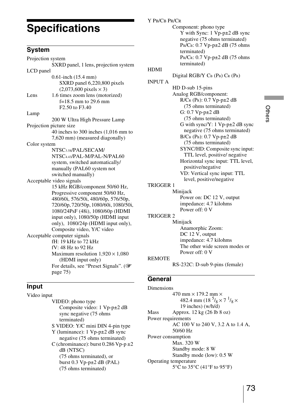 Specifications, System, Input | General | Sony VPL-VW85 User Manual | Page 73 / 86