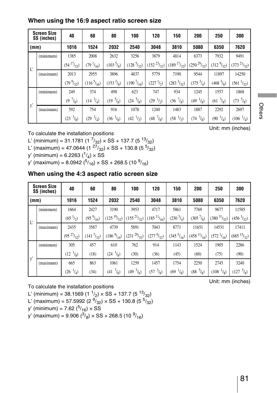 When using the 16:9 aspect ratio screen size, When using the 4:3 aspect ratio screen size, Oth e rs | Sony VPL-VW85 User Manual | Page 81 / 86
