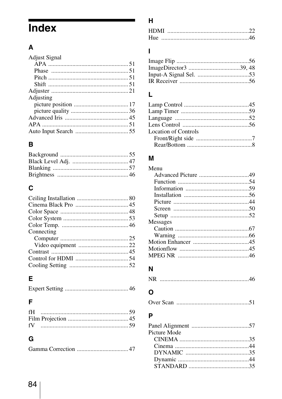 Index | Sony VPL-VW85 User Manual | Page 84 / 86