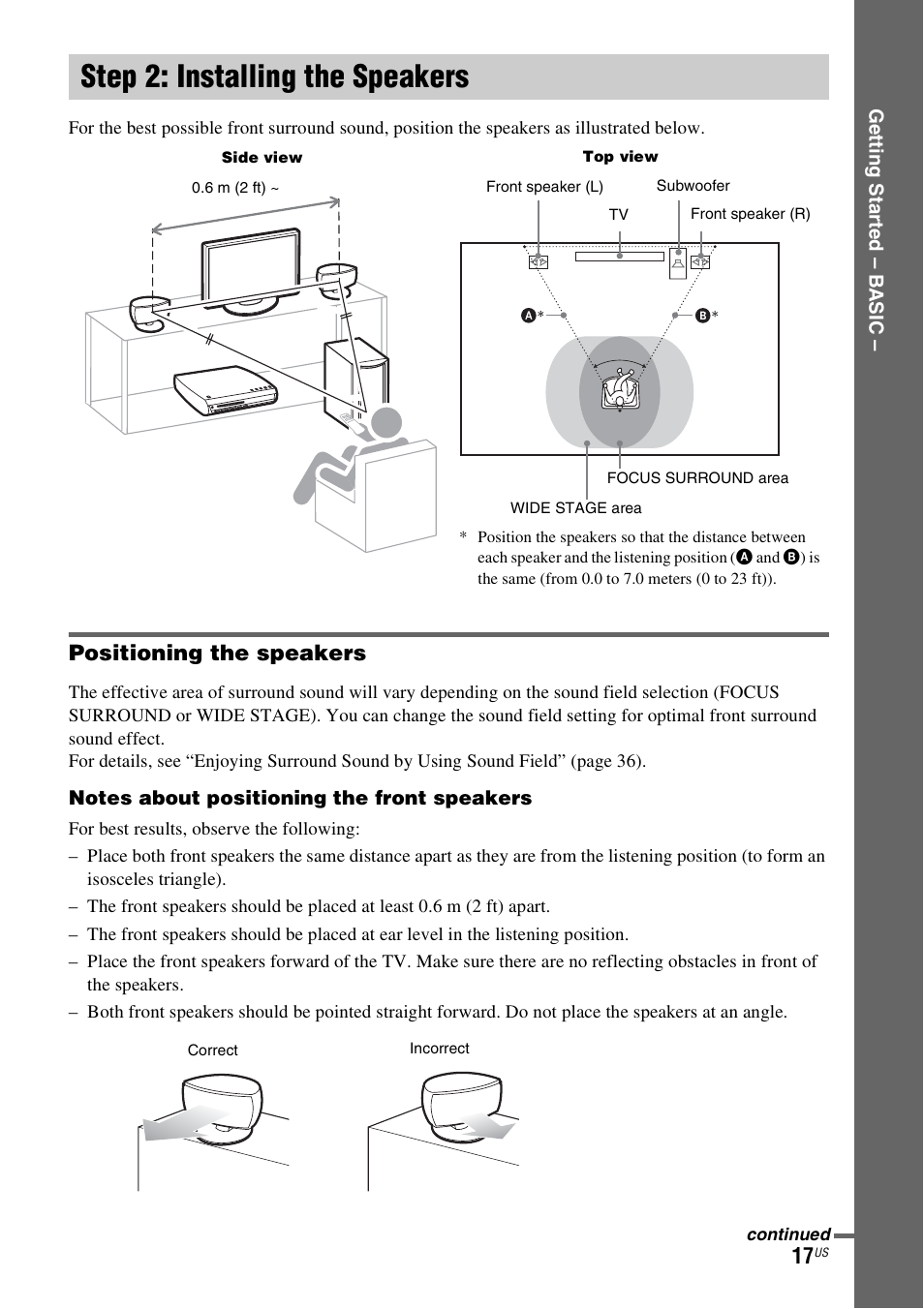 Step 2: installing the speakers, Positioning the speakers | Sony DAV-X1V User Manual | Page 17 / 107