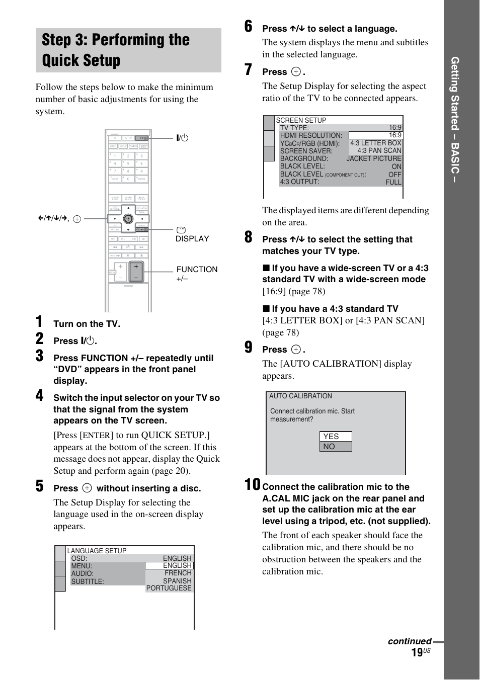 Step 3: performing the quick setup, Step 3: performing the quick, Setup | Sony DAV-X1V User Manual | Page 19 / 107