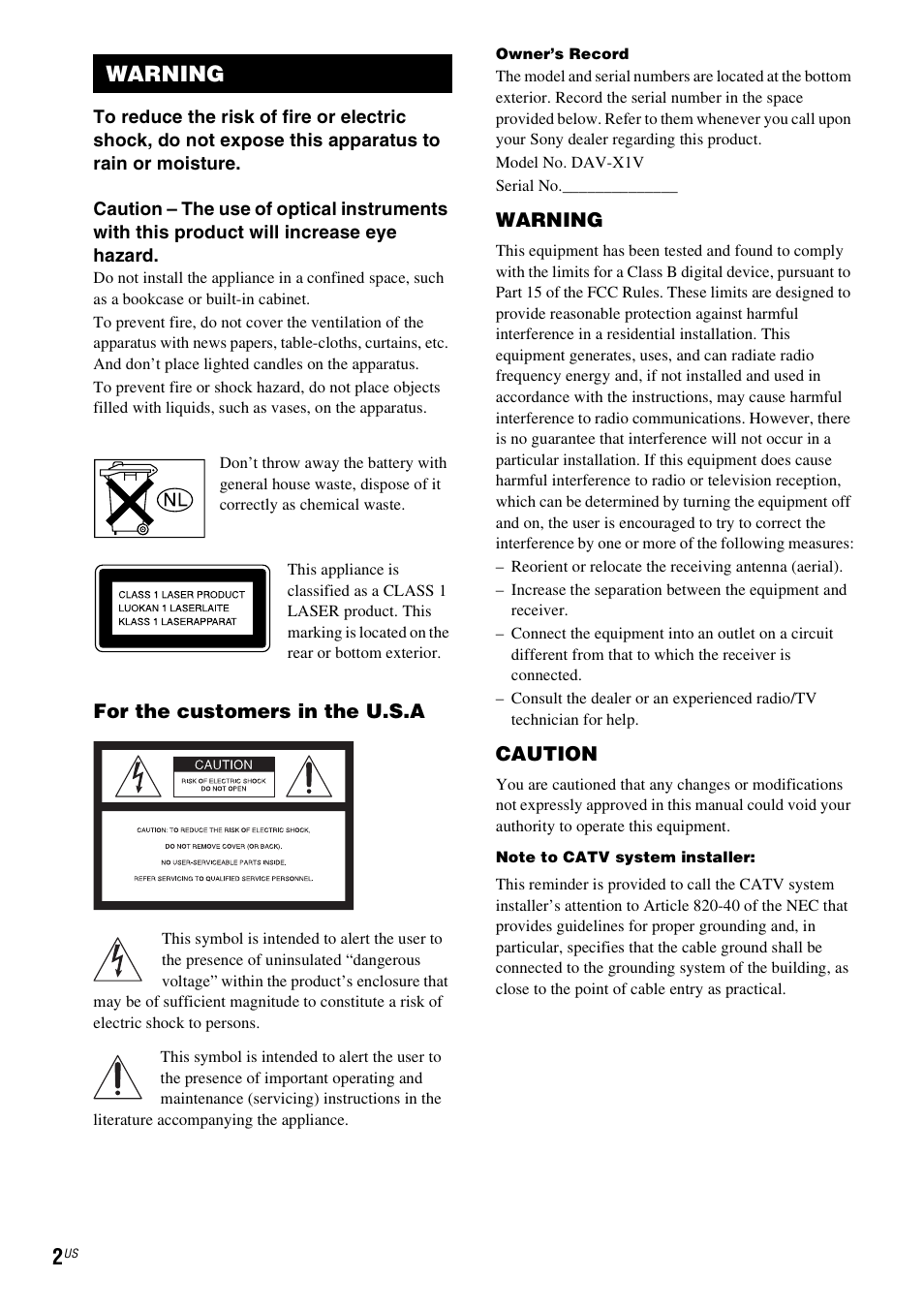 Warning, For the customers in the u.s.a, Caution | Sony DAV-X1V User Manual | Page 2 / 107