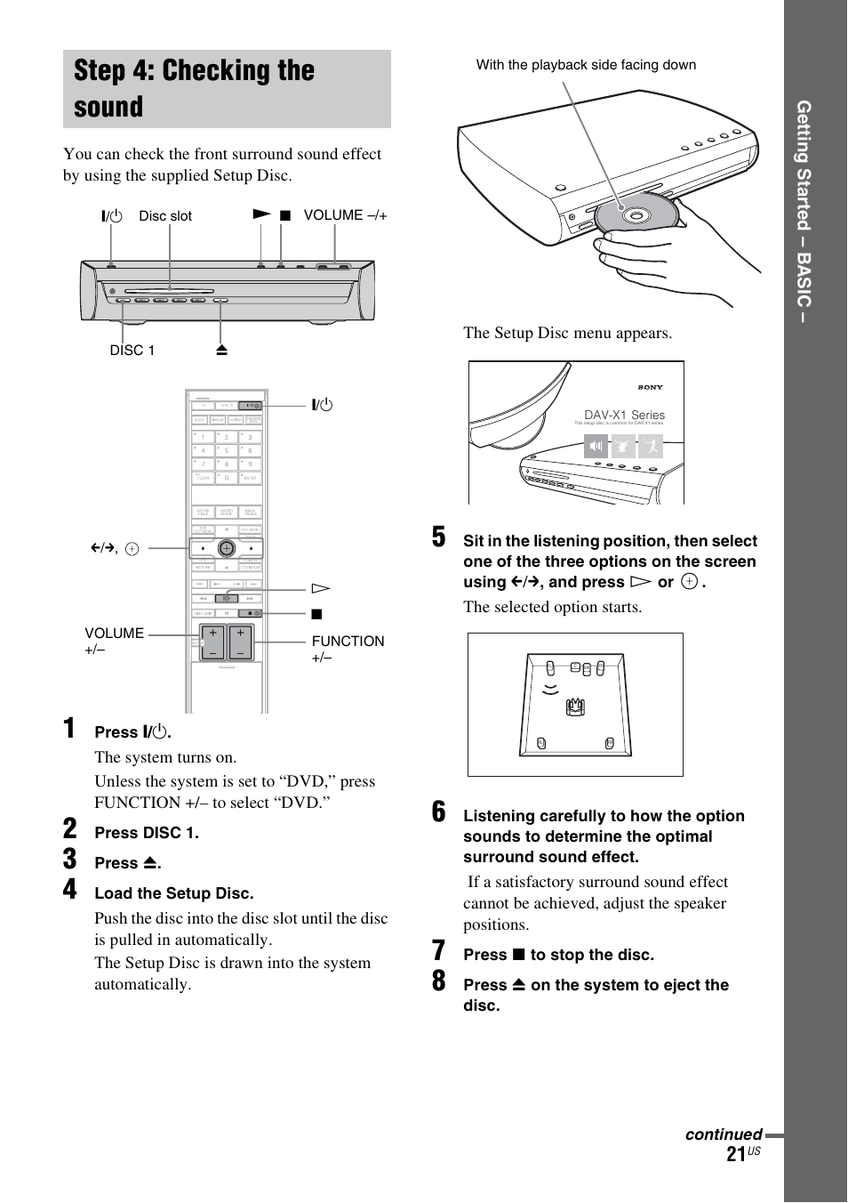 Step 4: checking the sound | Sony DAV-X1V User Manual | Page 21 / 107