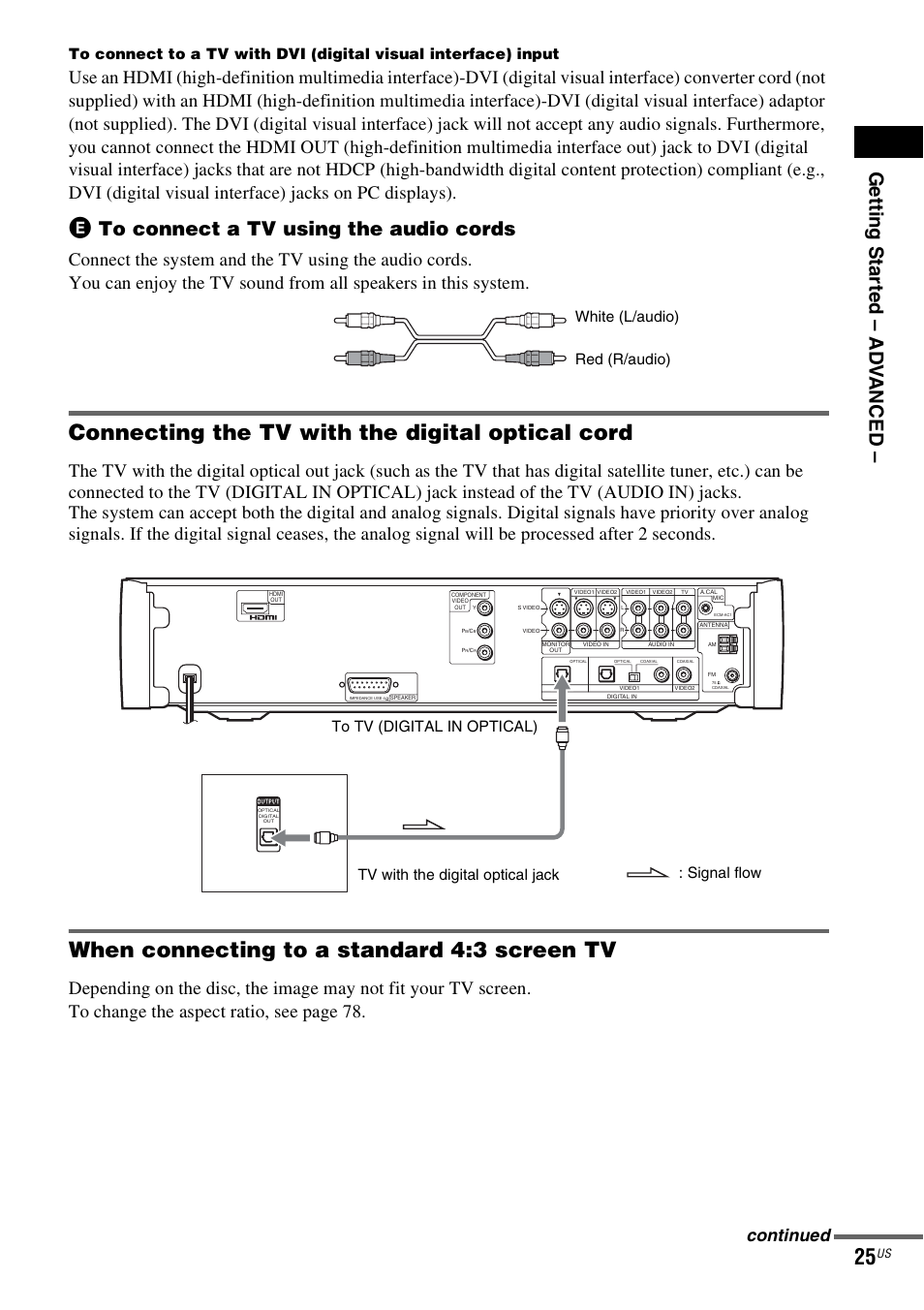Connecting the tv with the digital optical cord, When connecting to a standard 4:3 screen tv, Ge tti ng sta rte d – ad v anced | Continued, White (l/audio) red (r/audio) | Sony DAV-X1V User Manual | Page 25 / 107