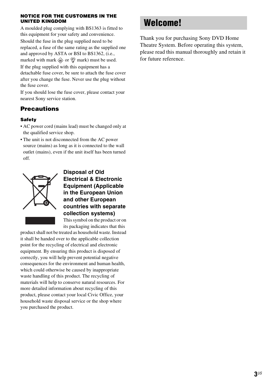 Welcome | Sony DAV-X1V User Manual | Page 3 / 107