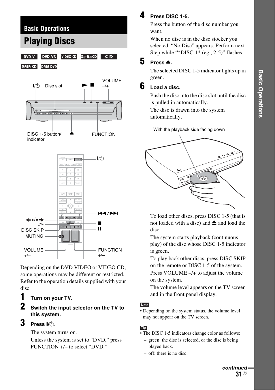 Basic operations, Playing discs | Sony DAV-X1V User Manual | Page 31 / 107