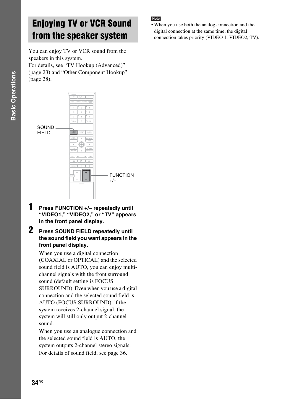 Enjoying tv or vcr sound from the speaker system, Enjoying tv or vcr sound from the, Speaker system | Sony DAV-X1V User Manual | Page 34 / 107