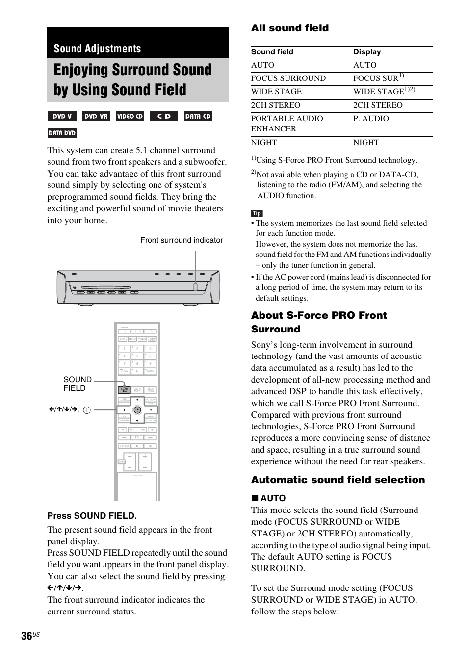 Sound adjustments, Enjoying surround sound by using sound field, Enjoying surround sound by using sound | Field | Sony DAV-X1V User Manual | Page 36 / 107