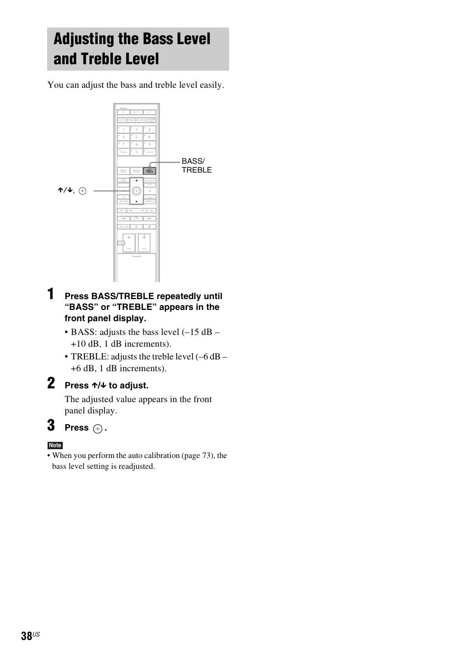 Adjusting the bass level and treble level, Adjusting the bass level and treble, Level | Sony DAV-X1V User Manual | Page 38 / 107
