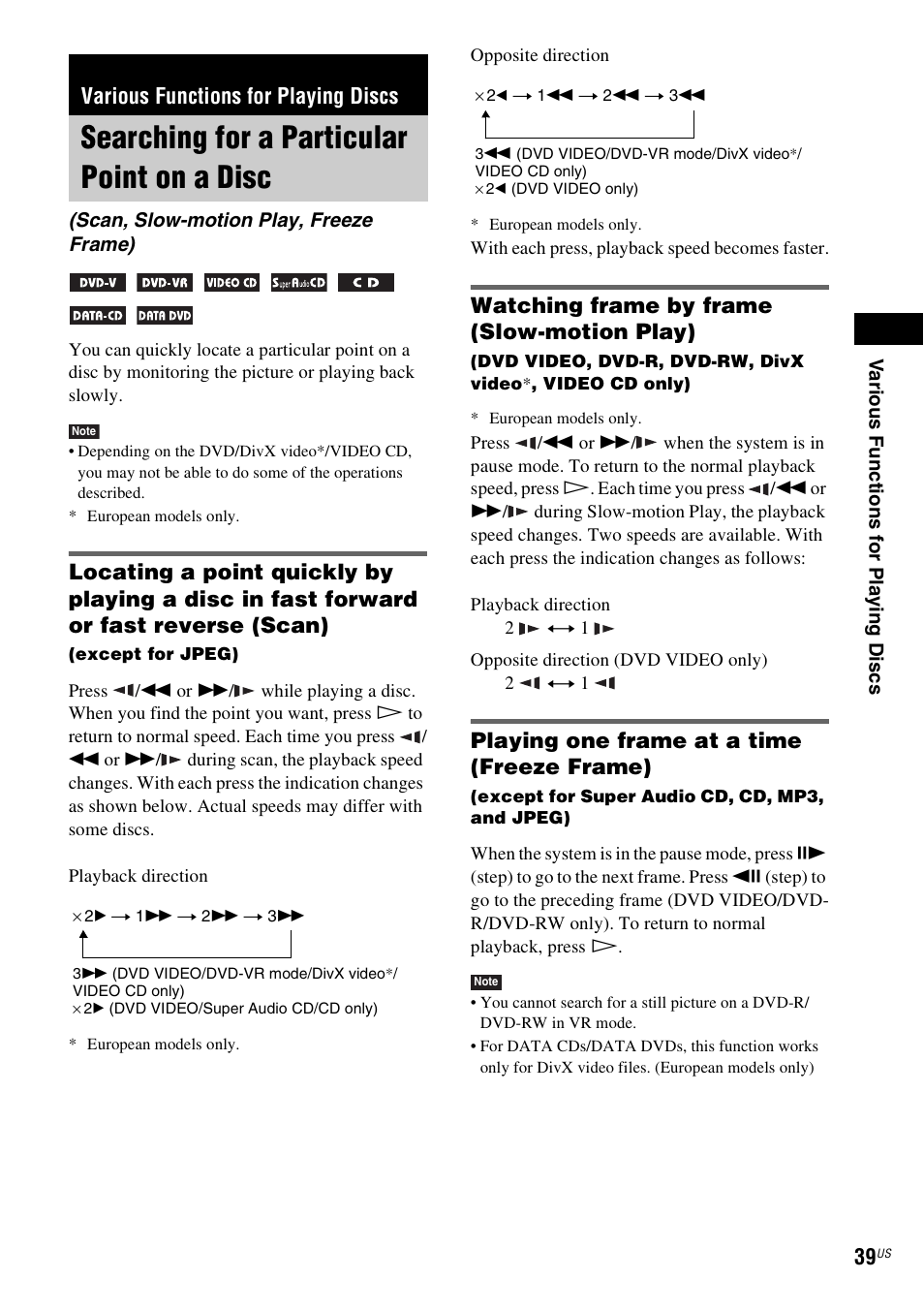 Various functions for playing discs, Searching for a particular point on a disc, Watching frame by frame (slow-motion play) | Playing one frame at a time (freeze frame), Searching for a particular point on, A disc (scan, slow-motion play, freeze frame) | Sony DAV-X1V User Manual | Page 39 / 107