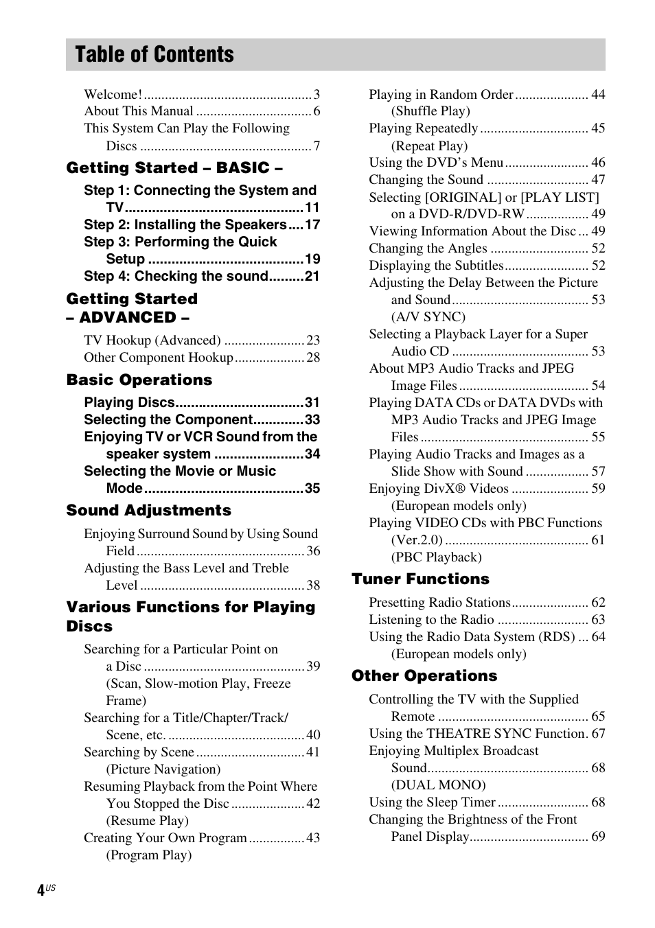 Sony DAV-X1V User Manual | Page 4 / 107