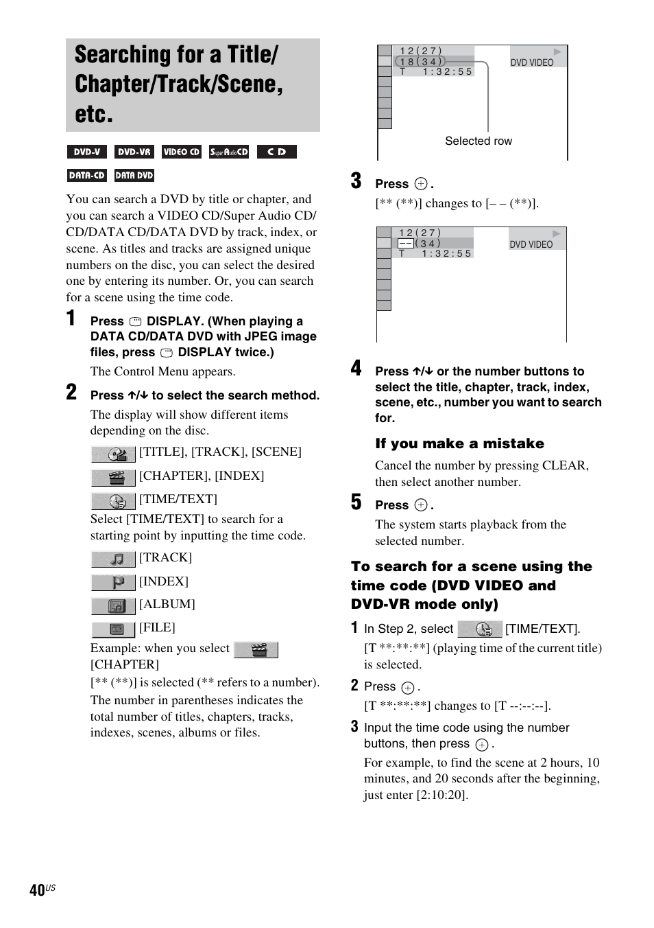Searching for a title/ chapter/track/scene, etc, Searching for a title/chapter/track, Scene, etc | Sony DAV-X1V User Manual | Page 40 / 107