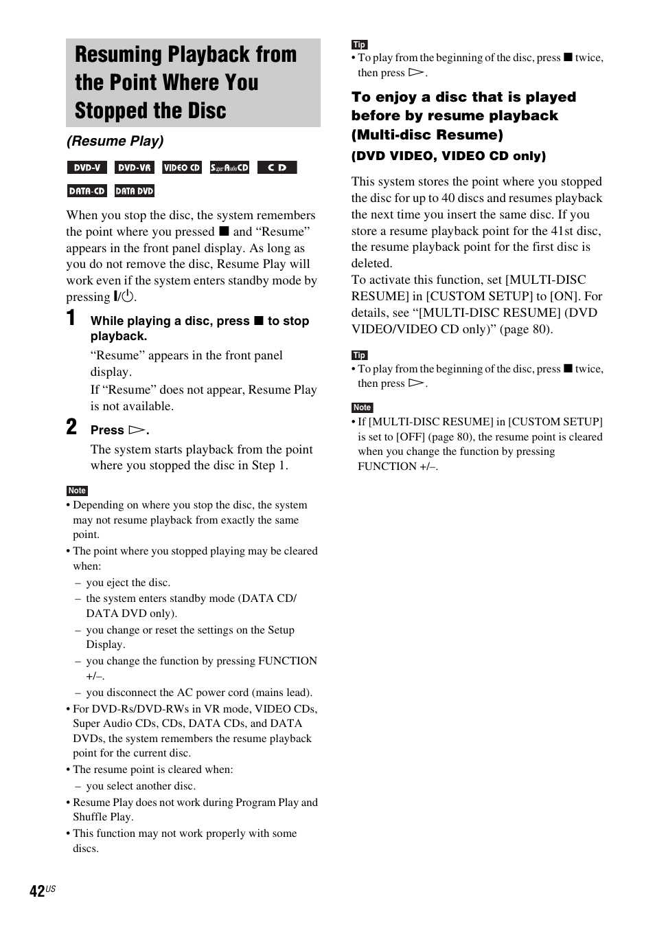 Resuming playback from the point where, You stopped the disc (resume play) | Sony DAV-X1V User Manual | Page 42 / 107