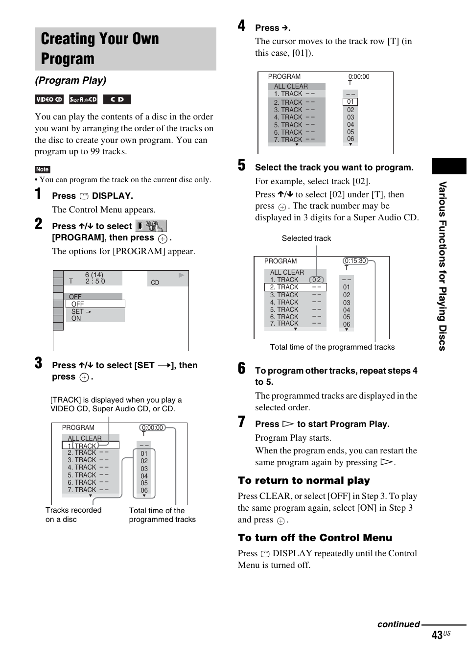 Creating your own program, Program play) | Sony DAV-X1V User Manual | Page 43 / 107