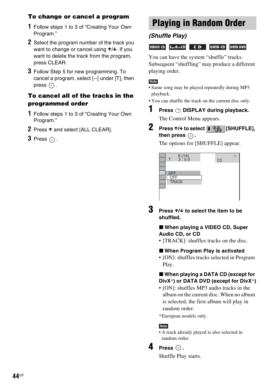 Playing in random order, Shuffle play) | Sony DAV-X1V User Manual | Page 44 / 107