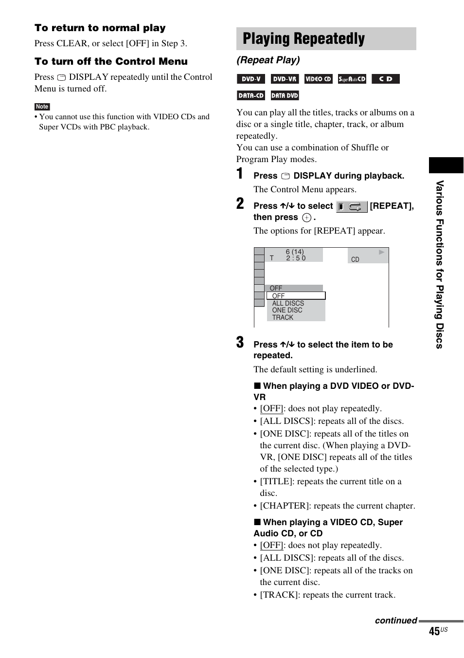 Playing repeatedly, Repeat play) | Sony DAV-X1V User Manual | Page 45 / 107