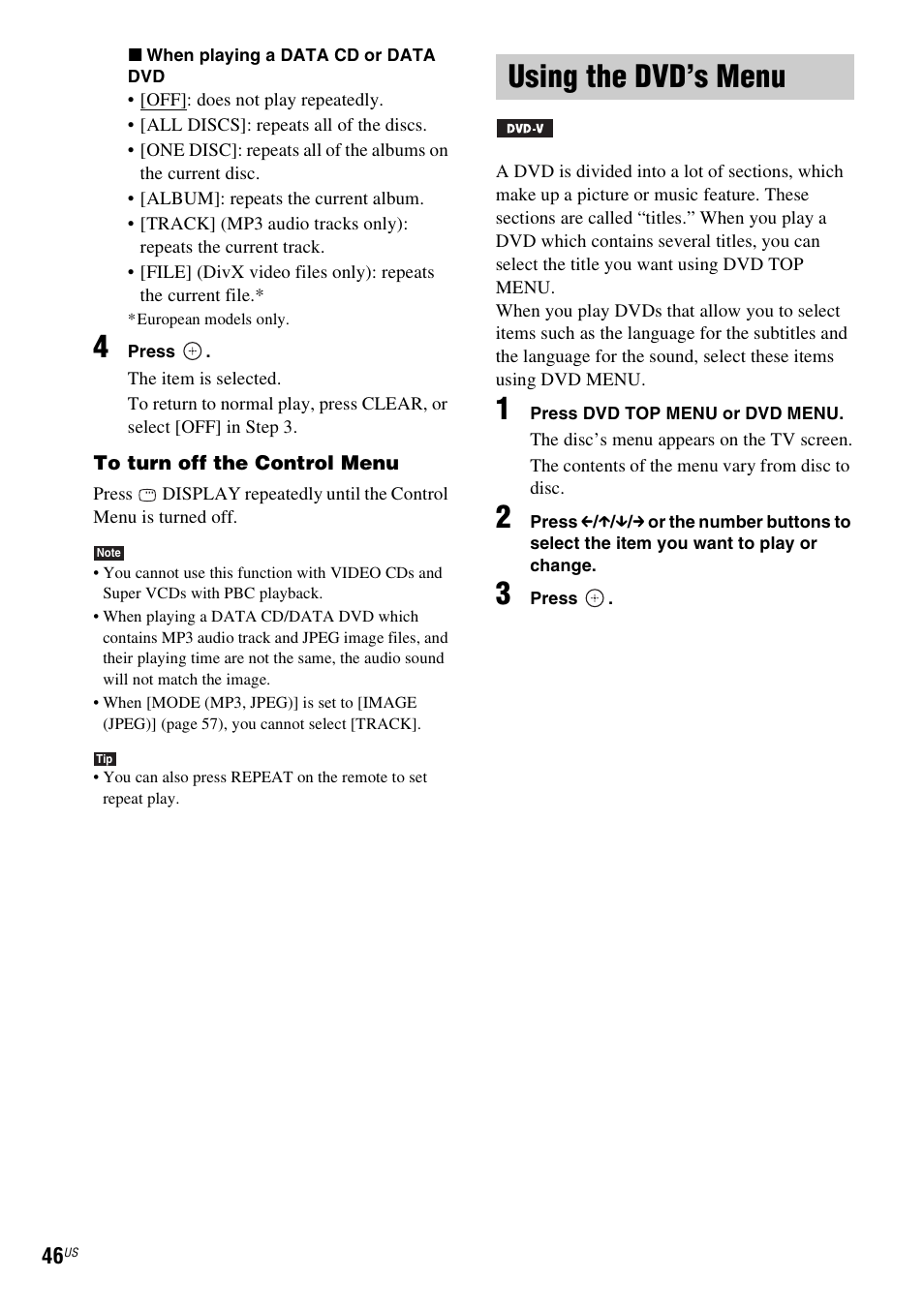 Using the dvd’s menu | Sony DAV-X1V User Manual | Page 46 / 107
