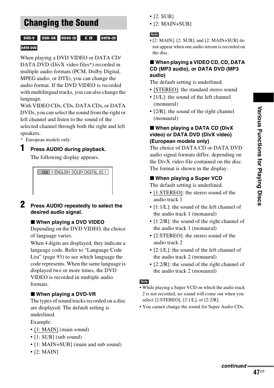 Changing the sound | Sony DAV-X1V User Manual | Page 47 / 107