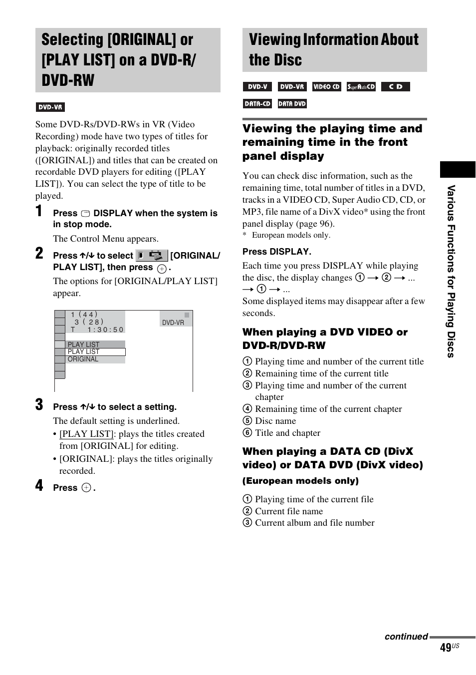 Viewing information about the disc, Selecting [original] or [play list, On a dvd-r/dvd-rw | Sony DAV-X1V User Manual | Page 49 / 107