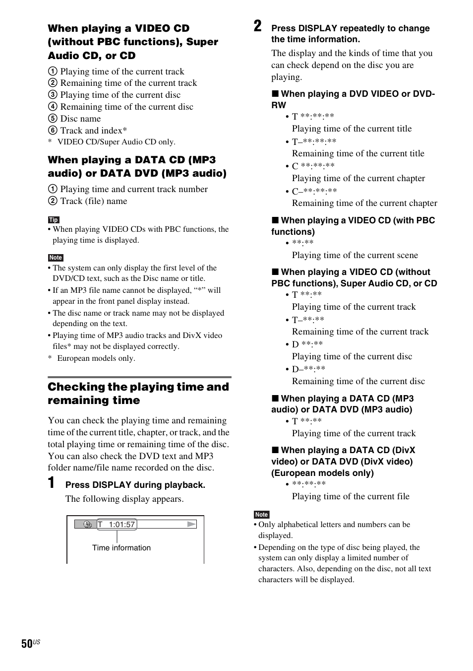Checking the playing time and remaining time | Sony DAV-X1V User Manual | Page 50 / 107