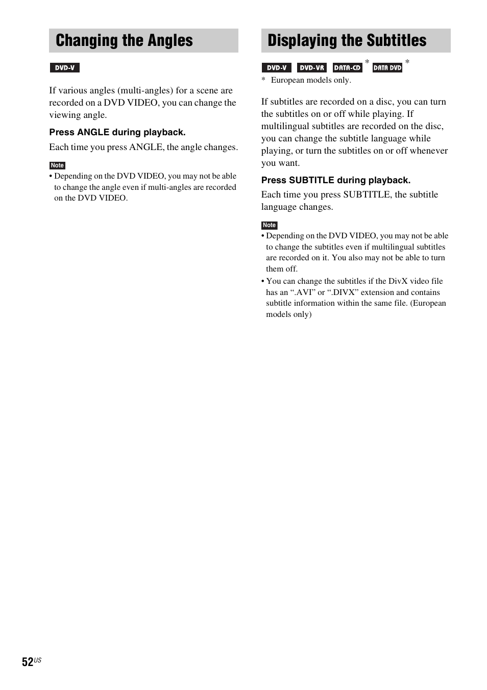 Changing the angles, Displaying the subtitles, Changing the angles displaying the subtitles | Sony DAV-X1V User Manual | Page 52 / 107