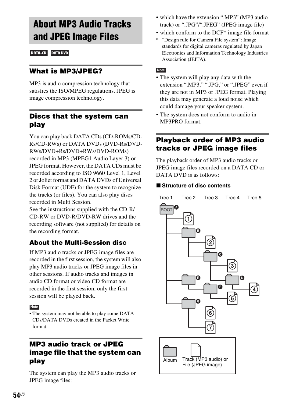 About mp3 audio tracks and jpeg image files, What is mp3/jpeg, Discs that the system can play | About mp3 audio tracks and jpeg, Image files | Sony DAV-X1V User Manual | Page 54 / 107