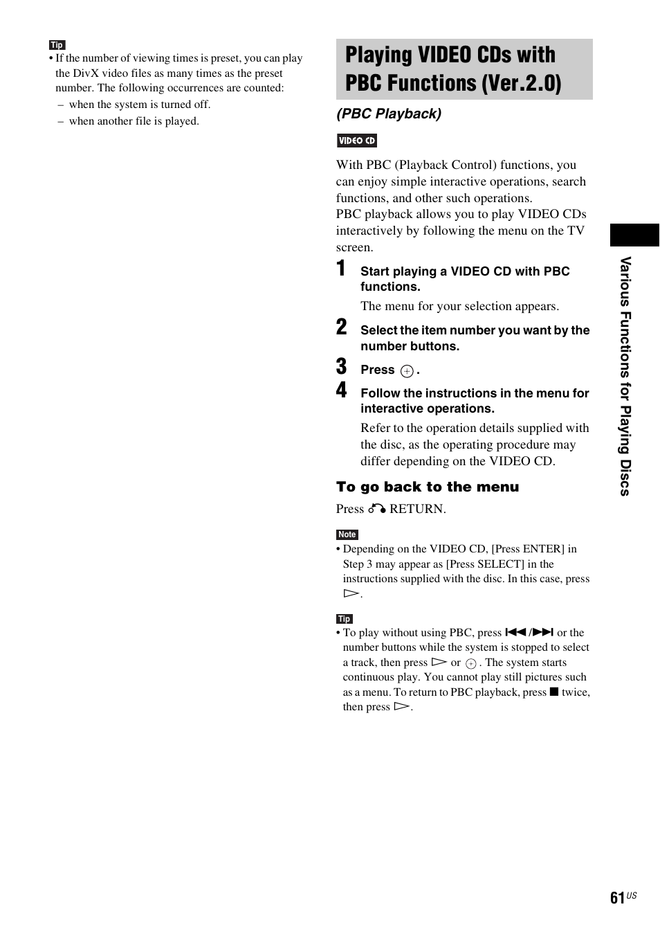 Playing video cds with pbc functions (ver.2.0), Playing video cds with pbc functions, Ver.2.0) (pbc playback) | Sony DAV-X1V User Manual | Page 61 / 107