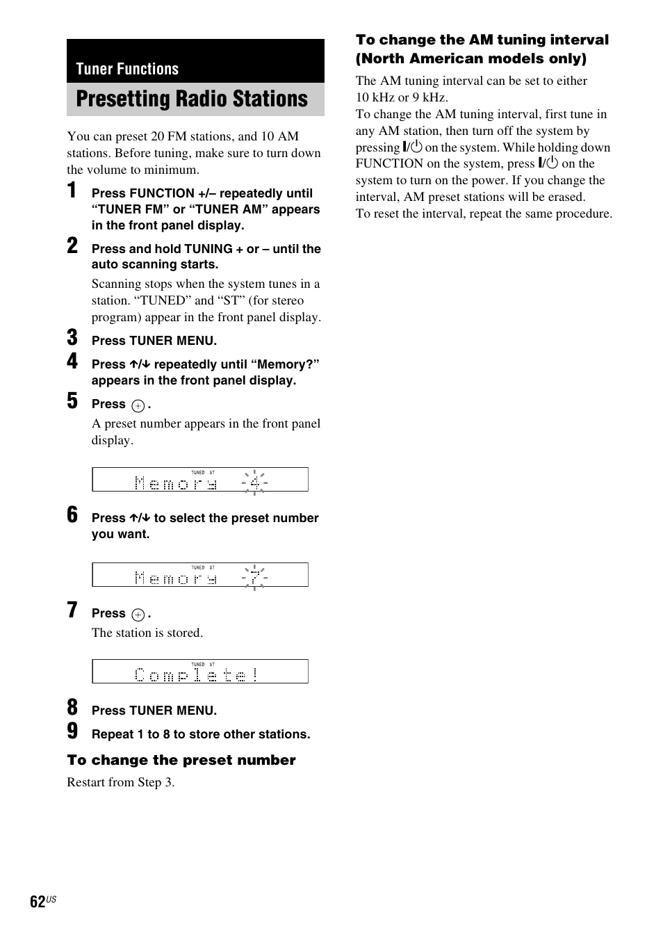 Tuner functions, Presetting radio stations | Sony DAV-X1V User Manual | Page 62 / 107