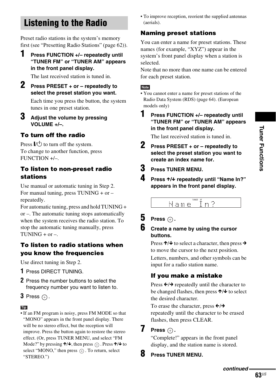 Listening to the radio | Sony DAV-X1V User Manual | Page 63 / 107