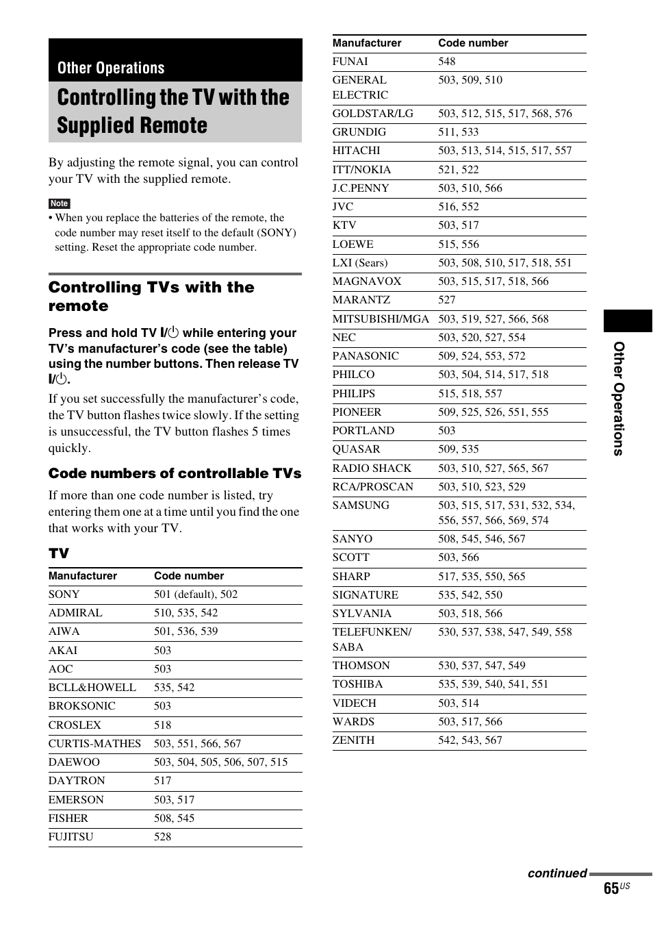 Other operations, Controlling the tv with the supplied remote, Controlling tvs with the remote | Controlling the tv with the supplied, Remote, Othe r op er atio ns, Code numbers of controllable tvs | Sony DAV-X1V User Manual | Page 65 / 107