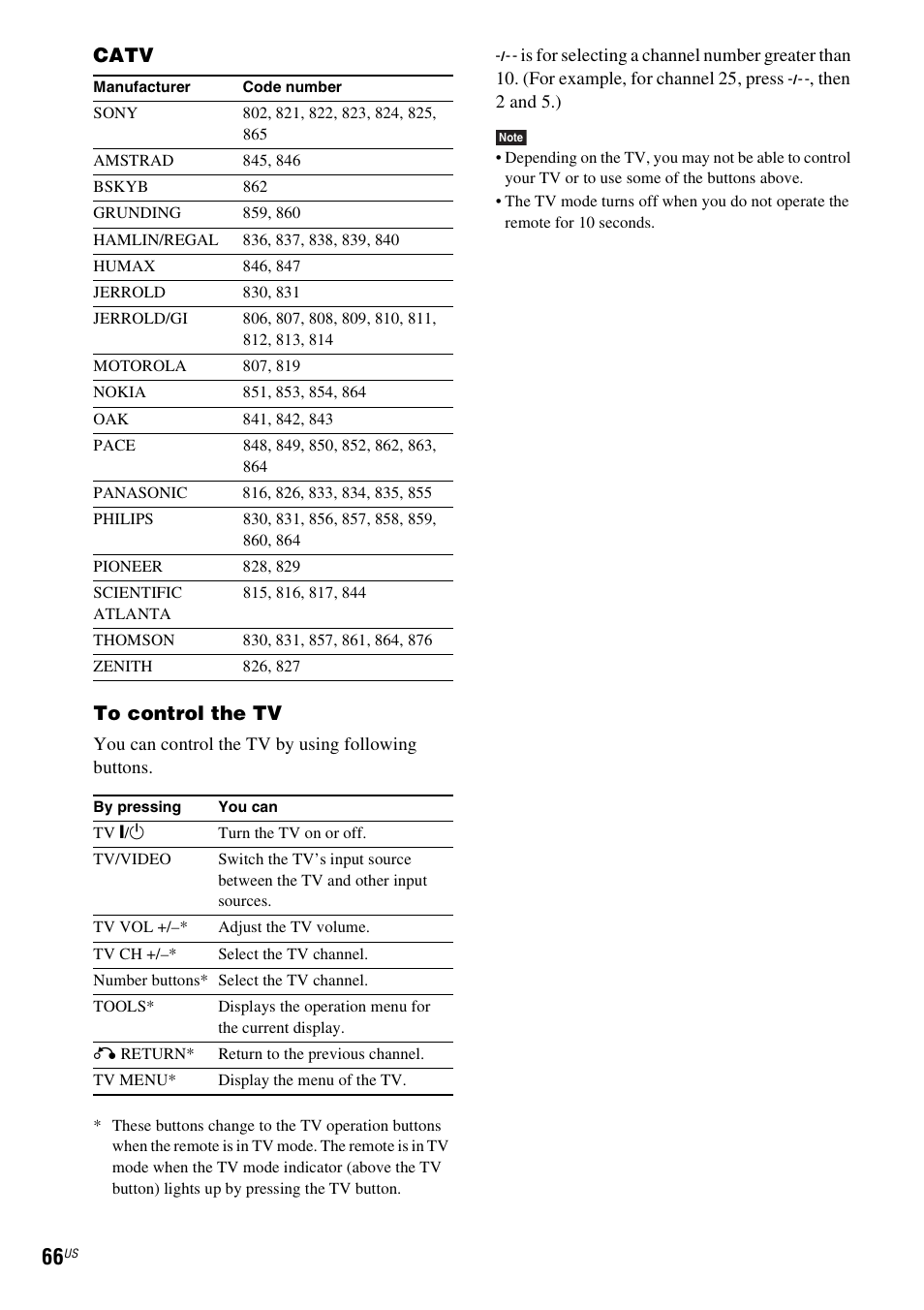 Catv to control the tv | Sony DAV-X1V User Manual | Page 66 / 107