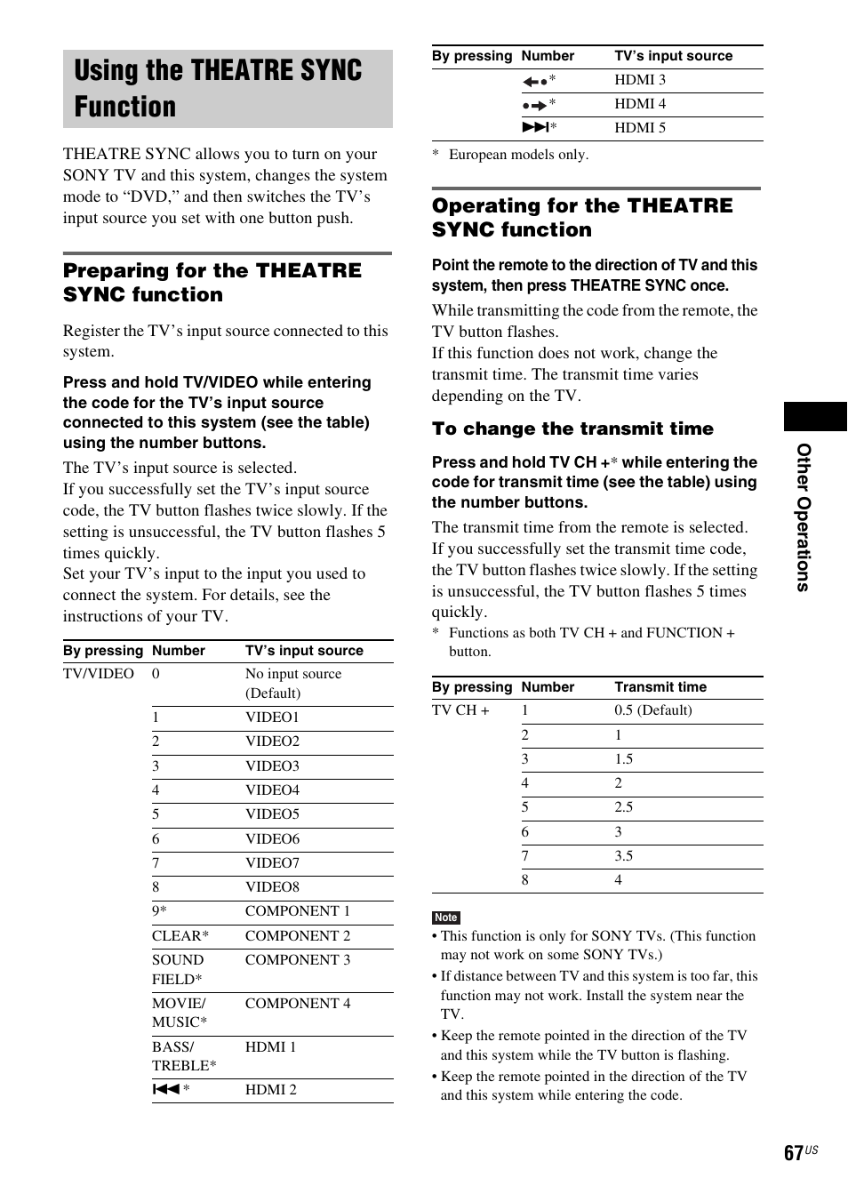 Using the theatre sync function, Preparing for the theatre sync function, Operating for the theatre sync function | Using the theatre sync function. 67 | Sony DAV-X1V User Manual | Page 67 / 107
