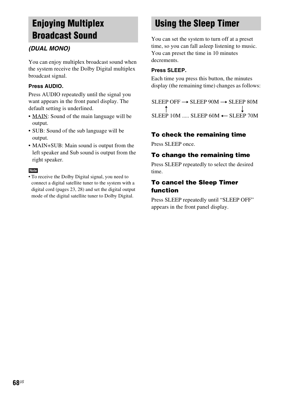 Enjoying multiplex broadcast sound, Using the sleep timer, Enjoying multiplex broadcast | Sound (dual mono) | Sony DAV-X1V User Manual | Page 68 / 107