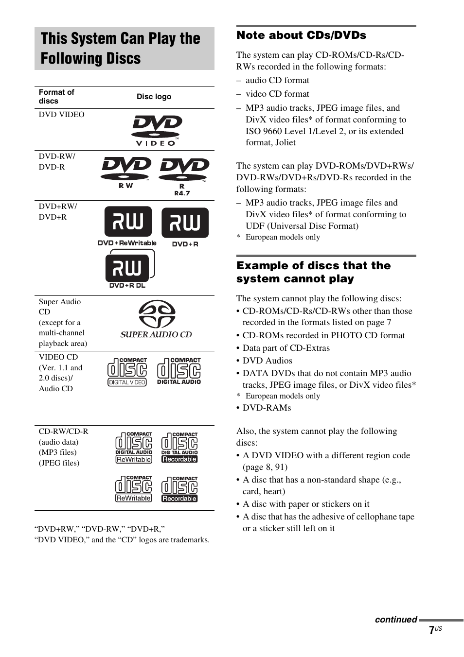 This system can play the following discs, Note about cds/dvds, Example of discs that the system cannot play | This system can play the following, Discs | Sony DAV-X1V User Manual | Page 7 / 107