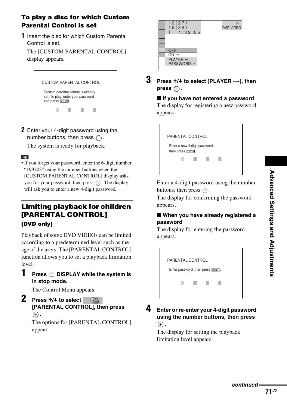 Limiting playback for children [parental control | Sony DAV-X1V User Manual | Page 71 / 107