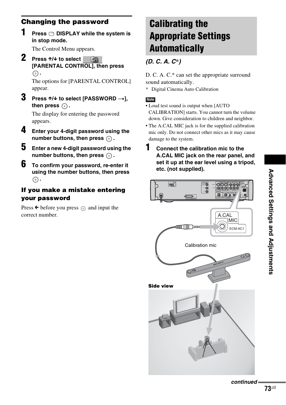 Changing the password, Calibrating the appropriate settings automatically, Calibrating the appropriate settings | Automatically (d. c. a. c), If you make a mistake entering your password, D. c. a. c * ), The control menu appears, The options for [parental control] appear, The display for entering the password appears | Sony DAV-X1V User Manual | Page 73 / 107