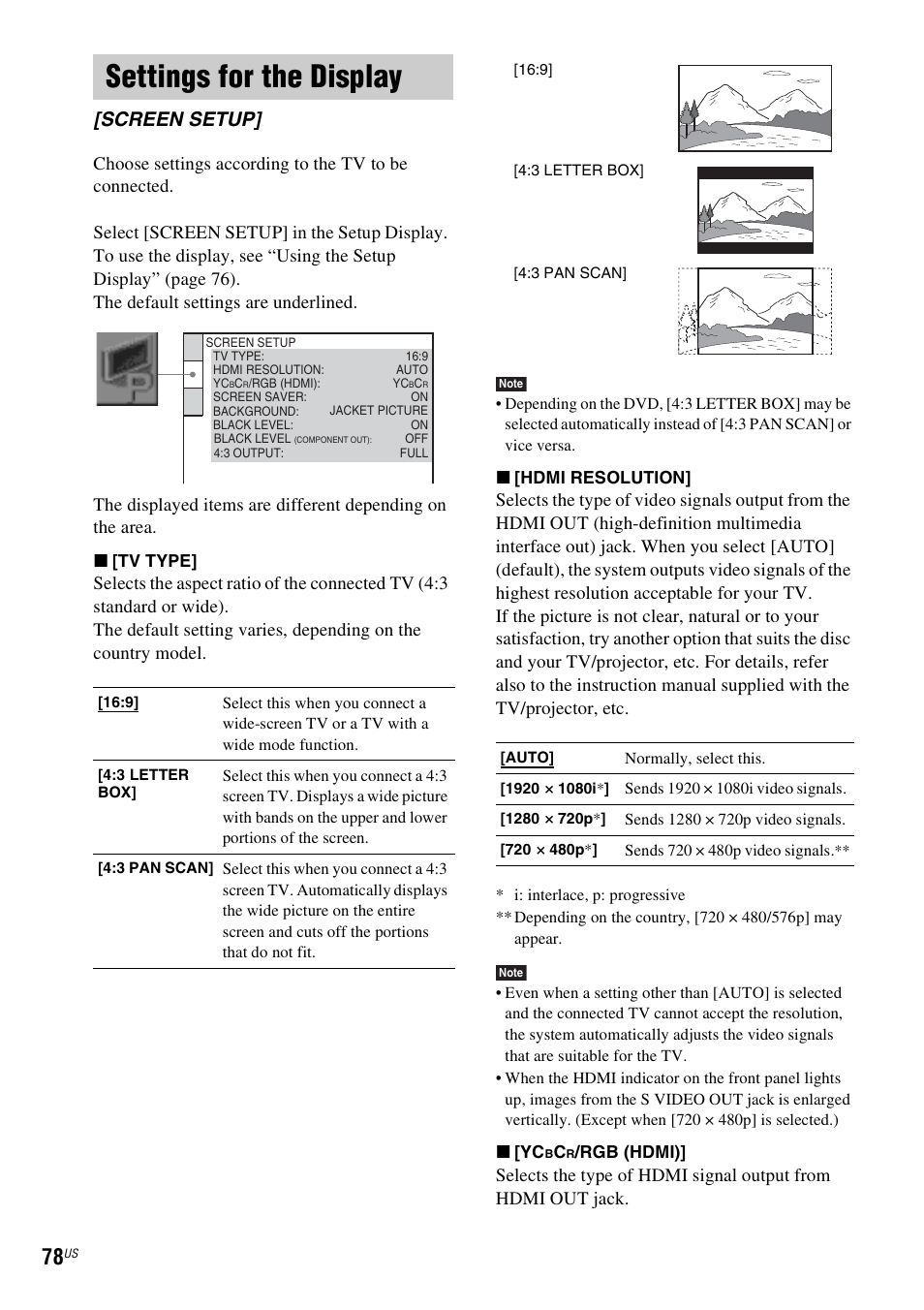 Settings for the display, Screen setup | Sony DAV-X1V User Manual | Page 78 / 107