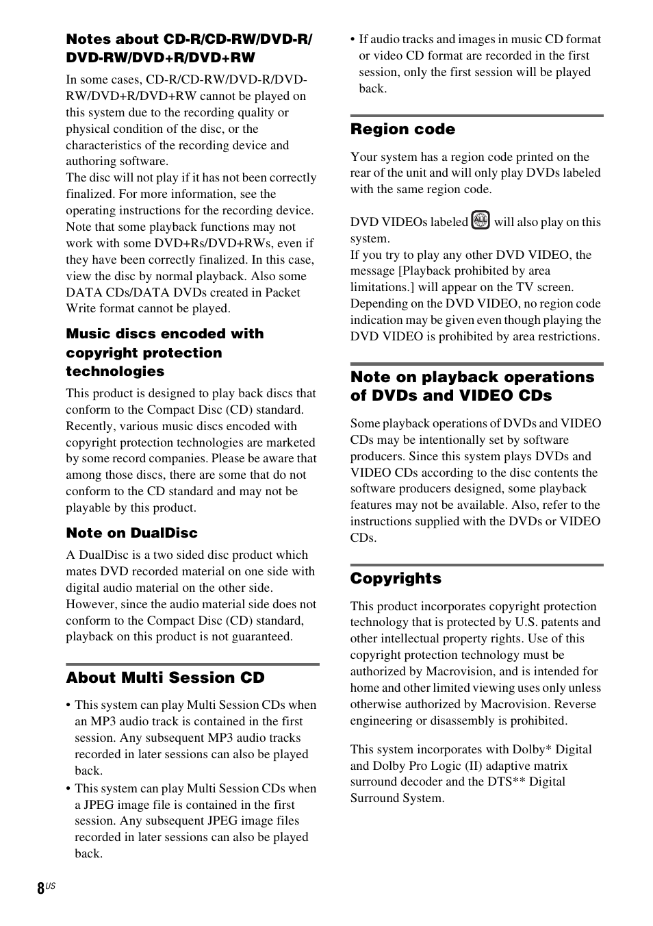 About multi session cd, Region code, Note on playback operations of dvds and video cds | Copyrights | Sony DAV-X1V User Manual | Page 8 / 107