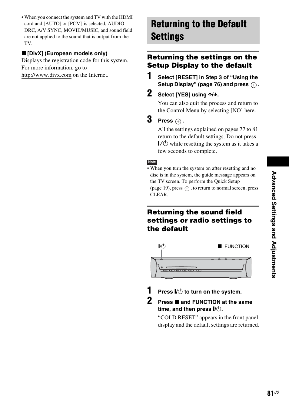 Returning to the default settings | Sony DAV-X1V User Manual | Page 81 / 107