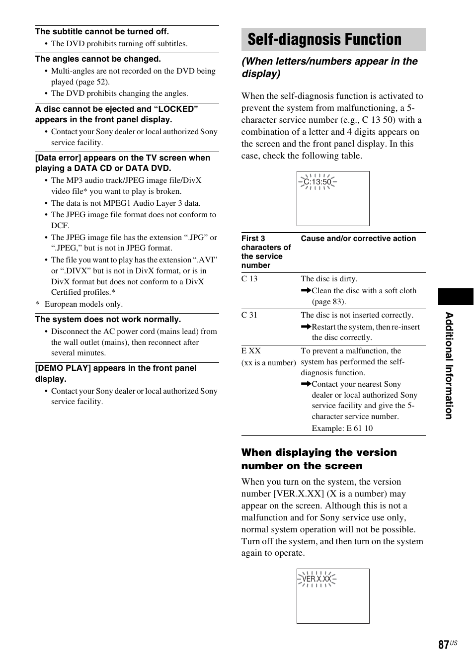 Self-diagnosis function, When letters/numbers appear in the display) | Sony DAV-X1V User Manual | Page 87 / 107