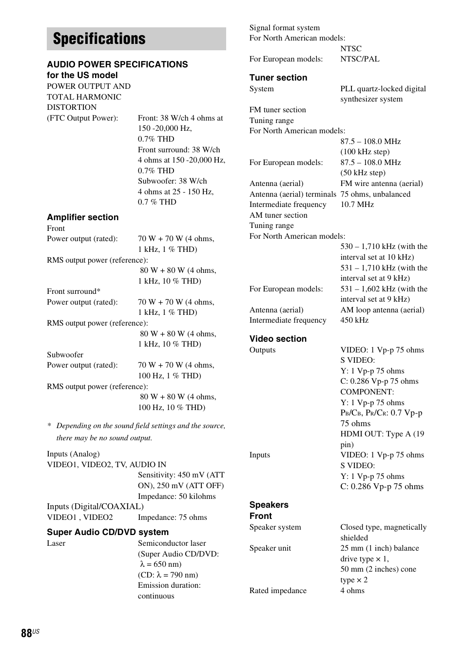 Specifications | Sony DAV-X1V User Manual | Page 88 / 107