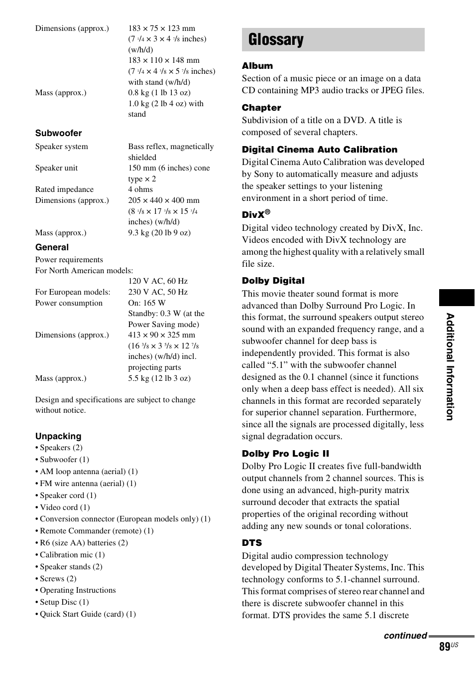 Glossary, Ad dition al i n fo rm atio n | Sony DAV-X1V User Manual | Page 89 / 107