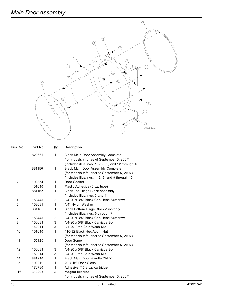 Main door assembly | American Dryer Corp. D3030 User Manual | Page 10 / 28