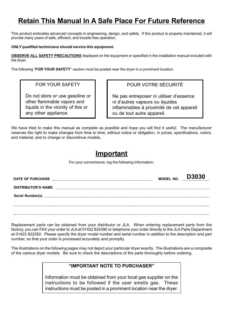 Important, D3030 | American Dryer Corp. D3030 User Manual | Page 2 / 28